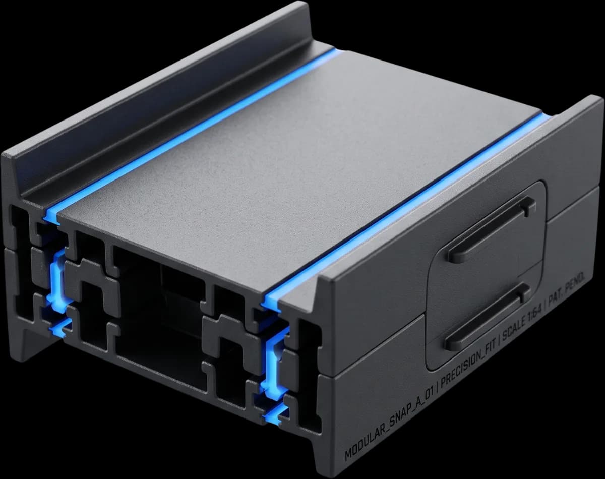 Detalhe macro de conector modular Vitrack com friso de luz azul