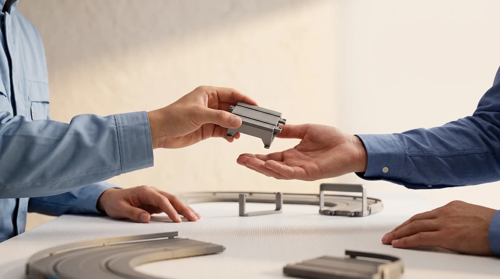 Entrega de peça de conexão modular Vitrack de mão em mão sobre mesa clara